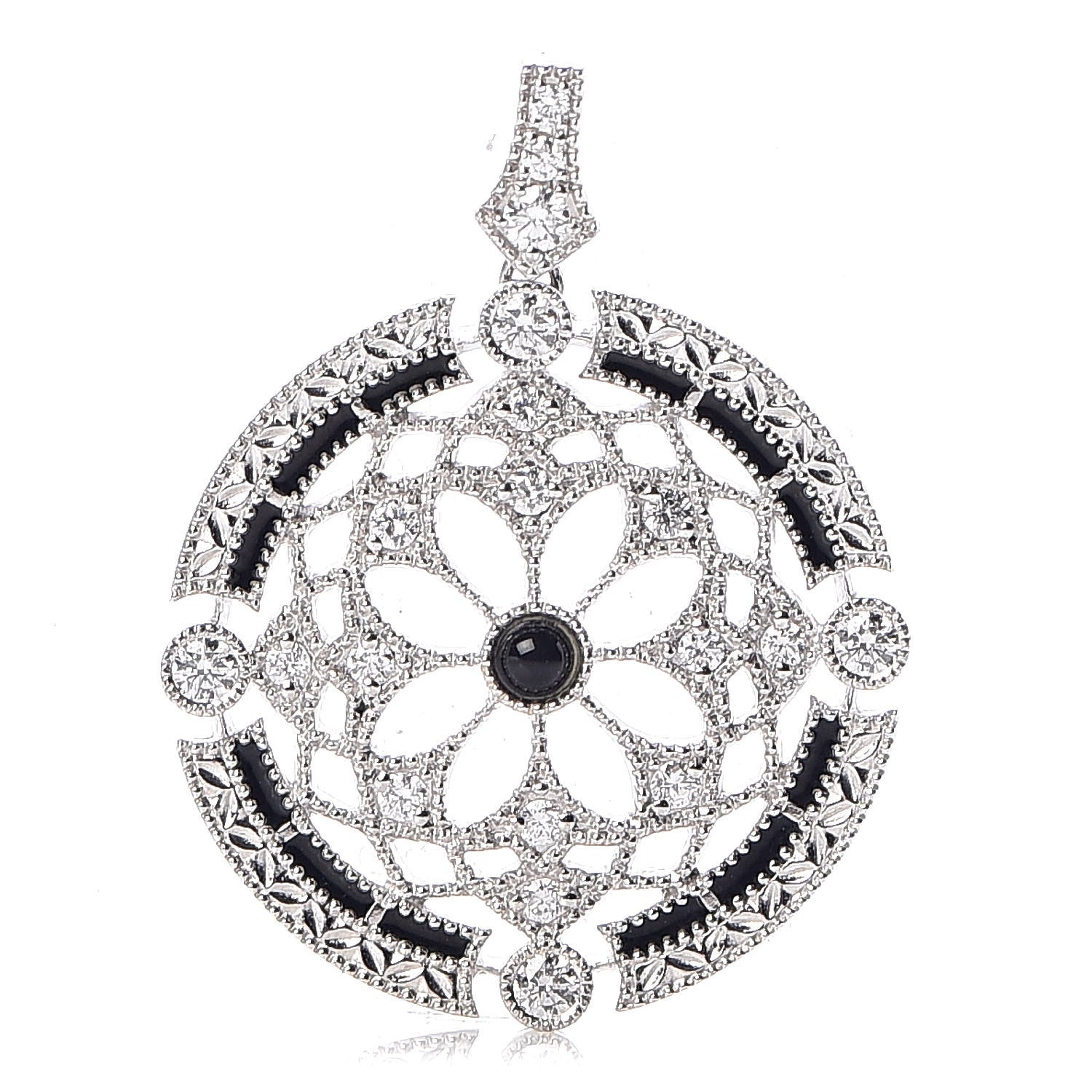 Mikimoto 18K White Gold Enamel Diamond Black Onyx Round Pendant 1 of 4