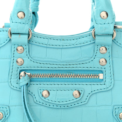Balenciaga Calfskin Crocodile Embossed Neo Classic Silver Hardware Nano City Crossbody Azur 7 of 13