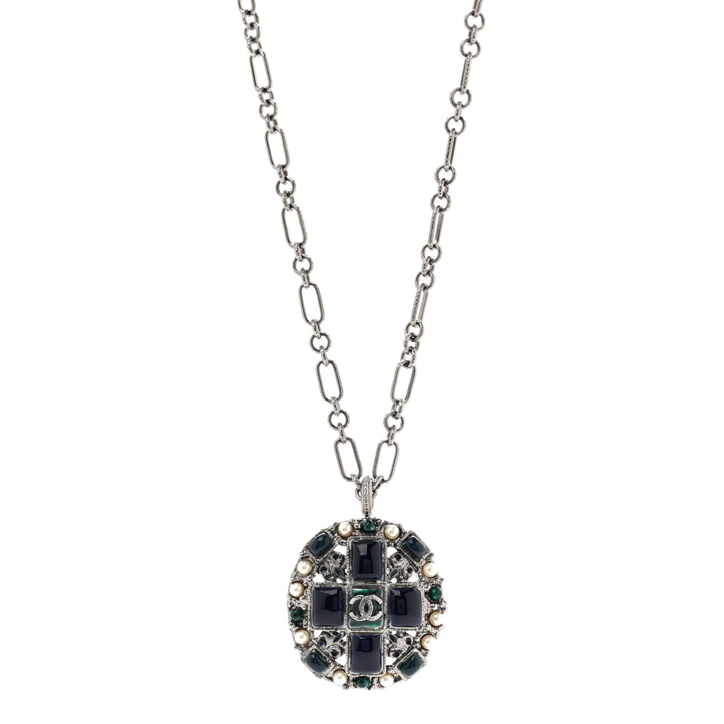 Gripoix Poured Glass Pearl CC Necklace Silver Blue Green White