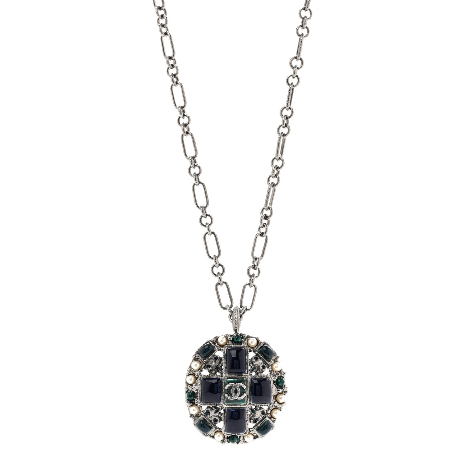 Chanel Gripoix Poured Glass Pearl CC Necklace Silver Blue Green White 1 of 5