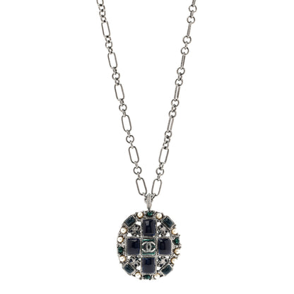Chanel Gripoix Poured Glass Pearl CC Necklace Silver Blue Green White 1 of 5