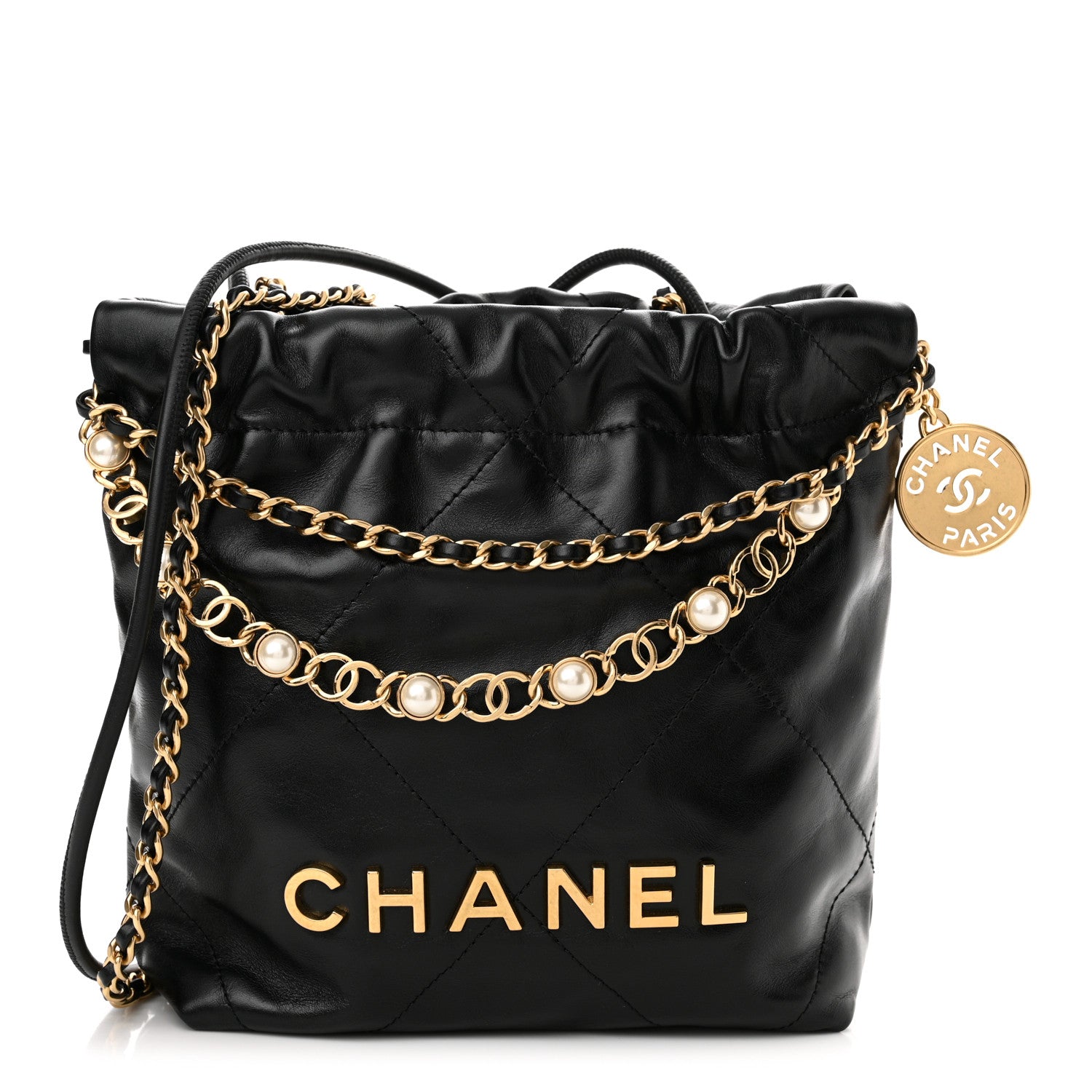 Chanel Shiny Calfskin Quilted Pearl CC Chain Mini Chanel 22 Black 1 of 11