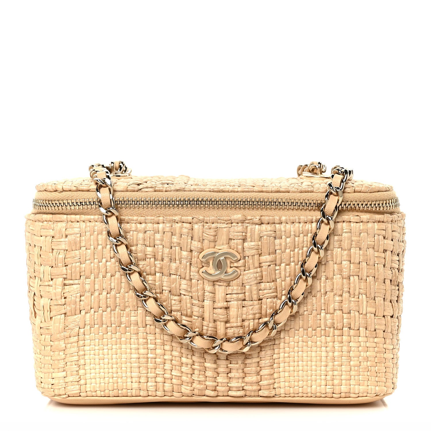 Chanel Braided Raffia Quilted Top Handle Slim Vanity Case With Chain Beige 1 of 11
