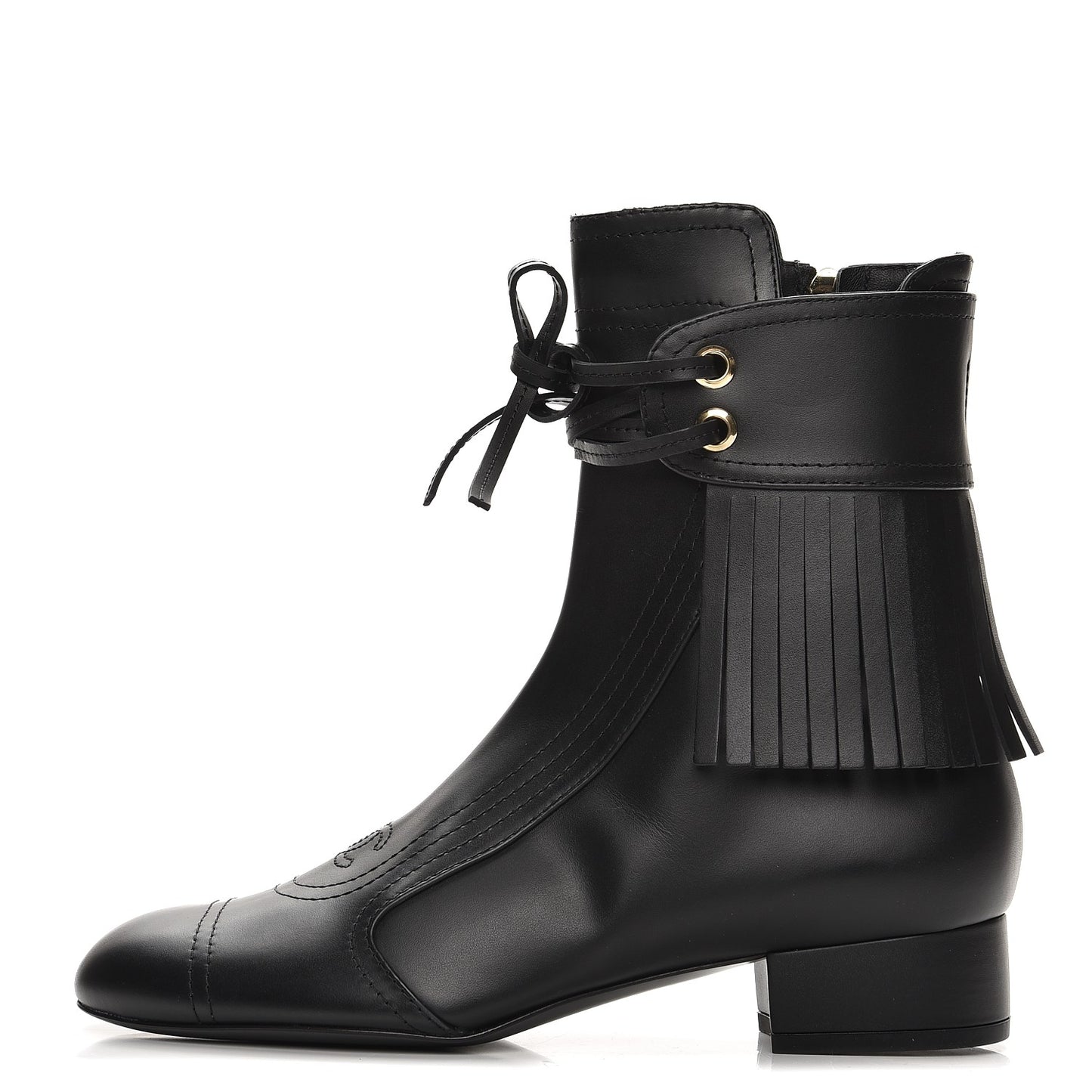 Calfskin Fringe Short Boots 38.5 Black