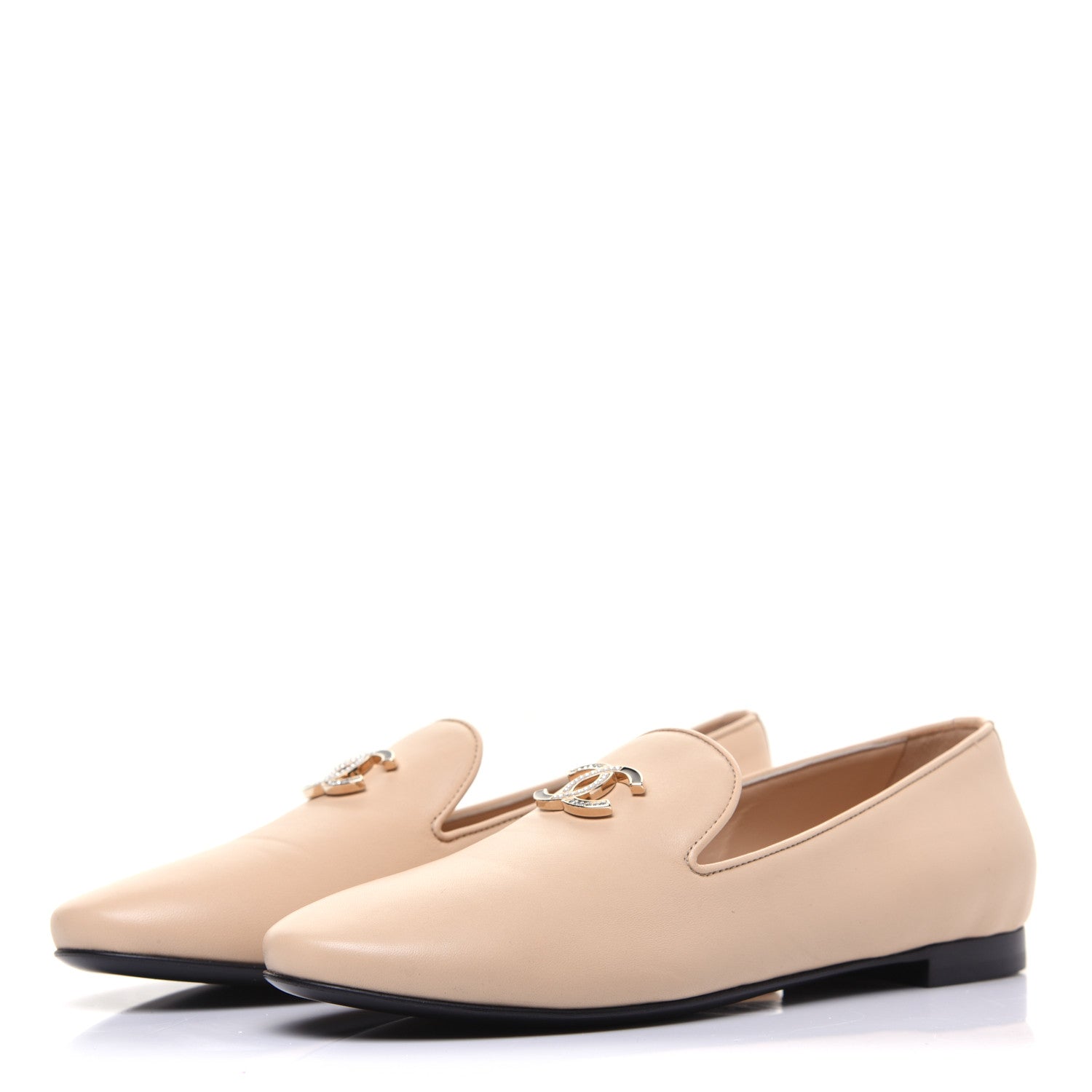 Chanel Enamel Pearl Crystal Lambskin CC Moccasin Loafers 37 Beige 3 of 12