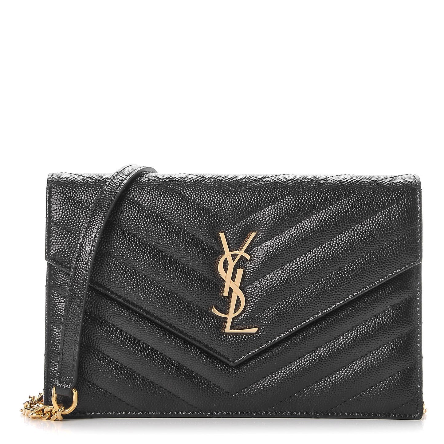 Grain De Poudre Matelasse Chevron Monogram Envelope Chain Wallet Black
