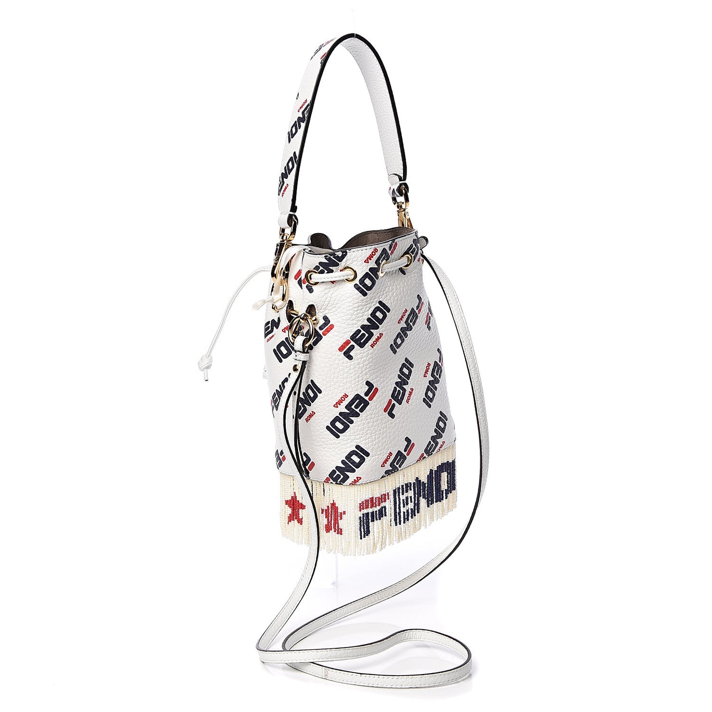 X FILA Calfskin F is Fendi Mania Fringe Mini Mon Tresor Bucket Bag White
