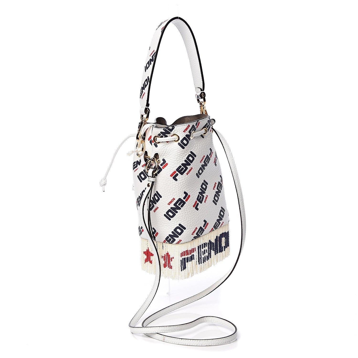 Fendi X FILA Calfskin F is Fendi Mania Fringe Mini Mon Tresor Bucket Bag White 4 of 16