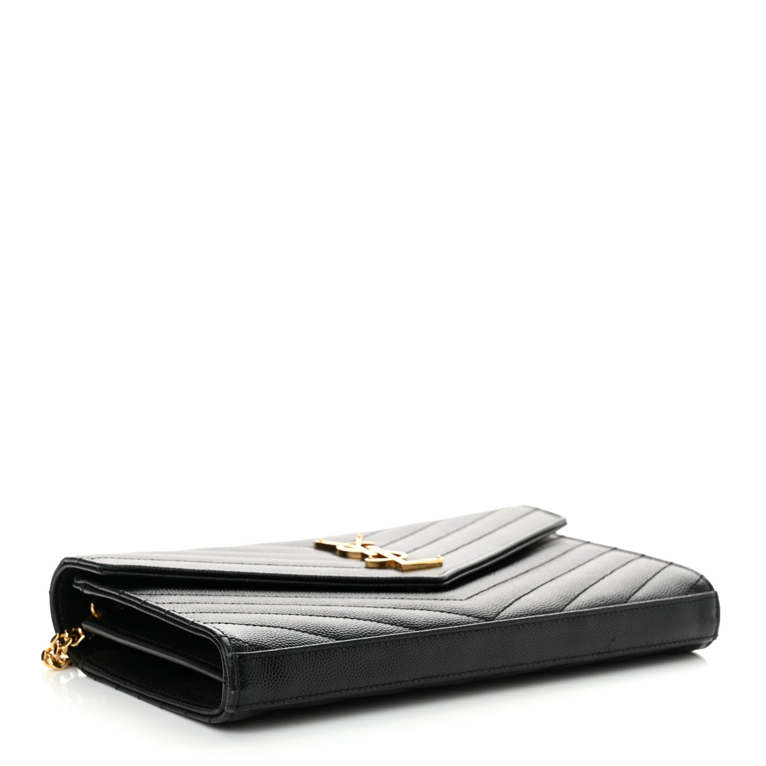 Saint Laurent Grain De Poudre Matelasse Chevron Monogram Chain Wallet Black 4 of 14