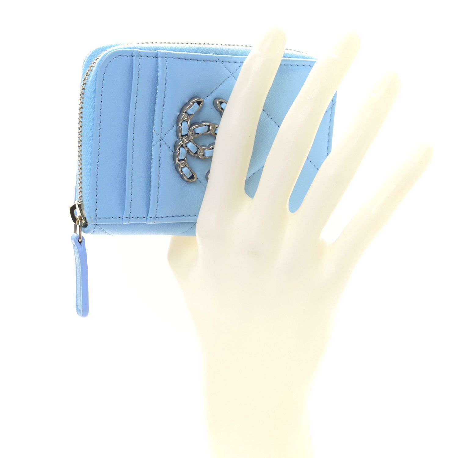 Chanel Lambskin Quilted Chanel 19 Vertical Zip Card Holder Wallet Light Blue 2 of 9