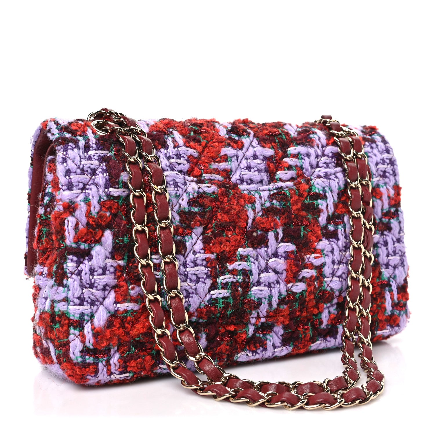 Chanel Tweed Quilted Medium Double Flap Red Purple Green 3 of 11