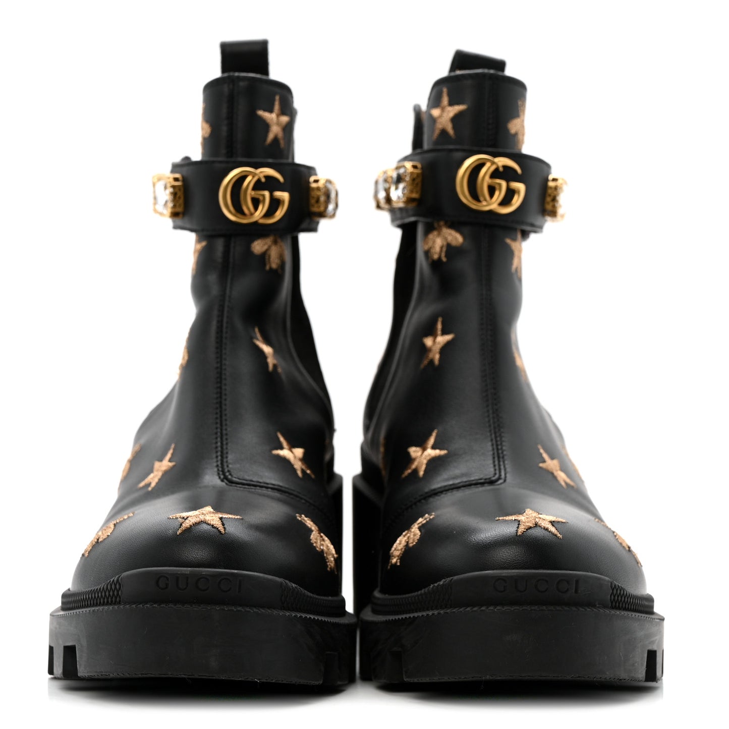 Calfskin Bee Star Embroidered Belt Ankle Boots 38 Black