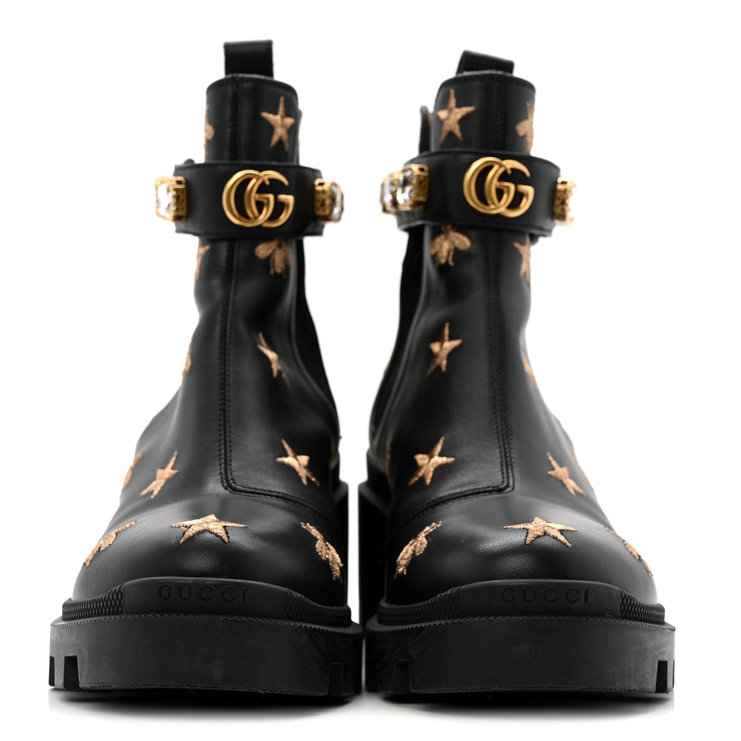 Gucci Calfskin Bee Star Embroidered Belt Ankle Boots 38 Black 3 of 12