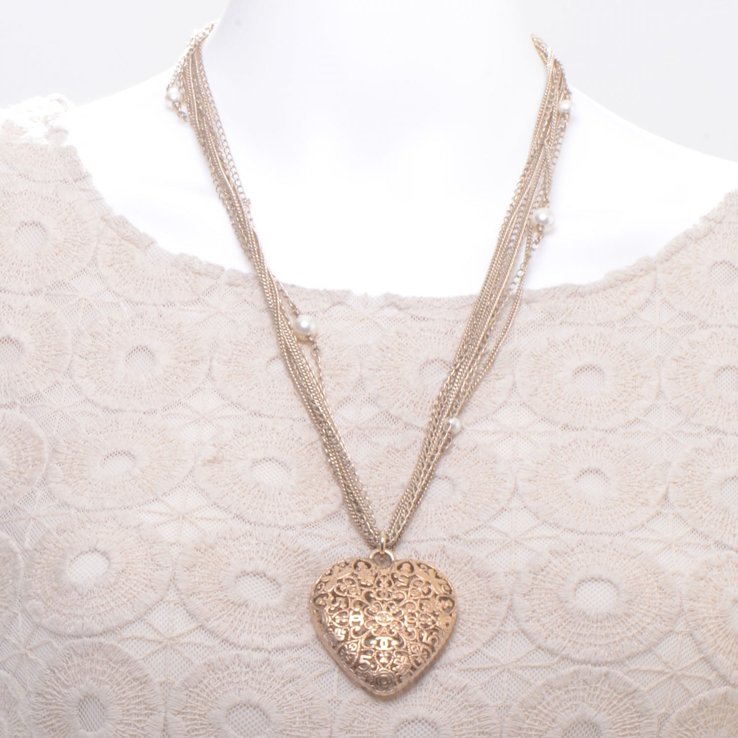 Chanel Gold Pearl Lucky Charms Heart Necklace 2 of 4