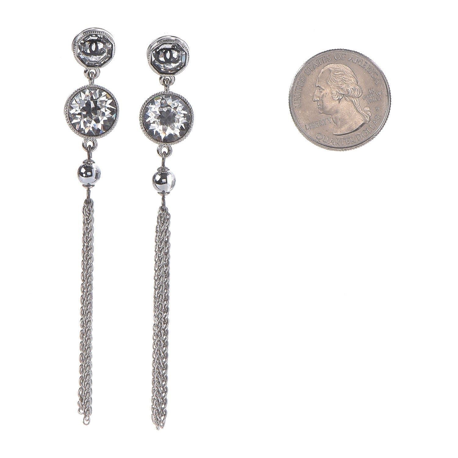 Chanel Crystal CC Chain Tassel Drop Earrings Grey 2 of 5
