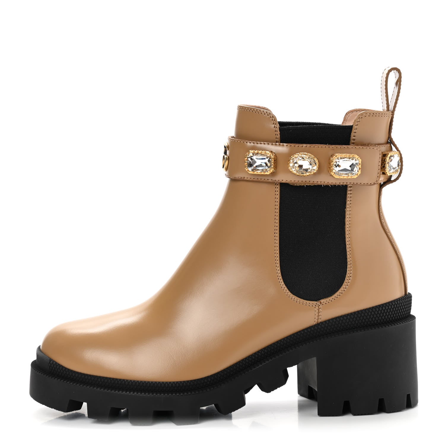 Gucci Calfskin Crystal GG Trip Chelsea Ankle Boots 37 Natural Tan 1 of 10