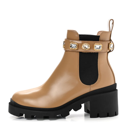 Gucci Calfskin Crystal GG Trip Chelsea Ankle Boots 37 Natural Tan 1 of 10