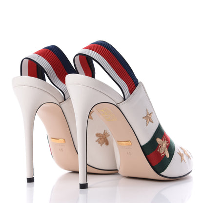 Gucci Malaga Kid Web Bee Star Embroidered Sylvie High Heel Slingback Pumps 40 White 4 of 12