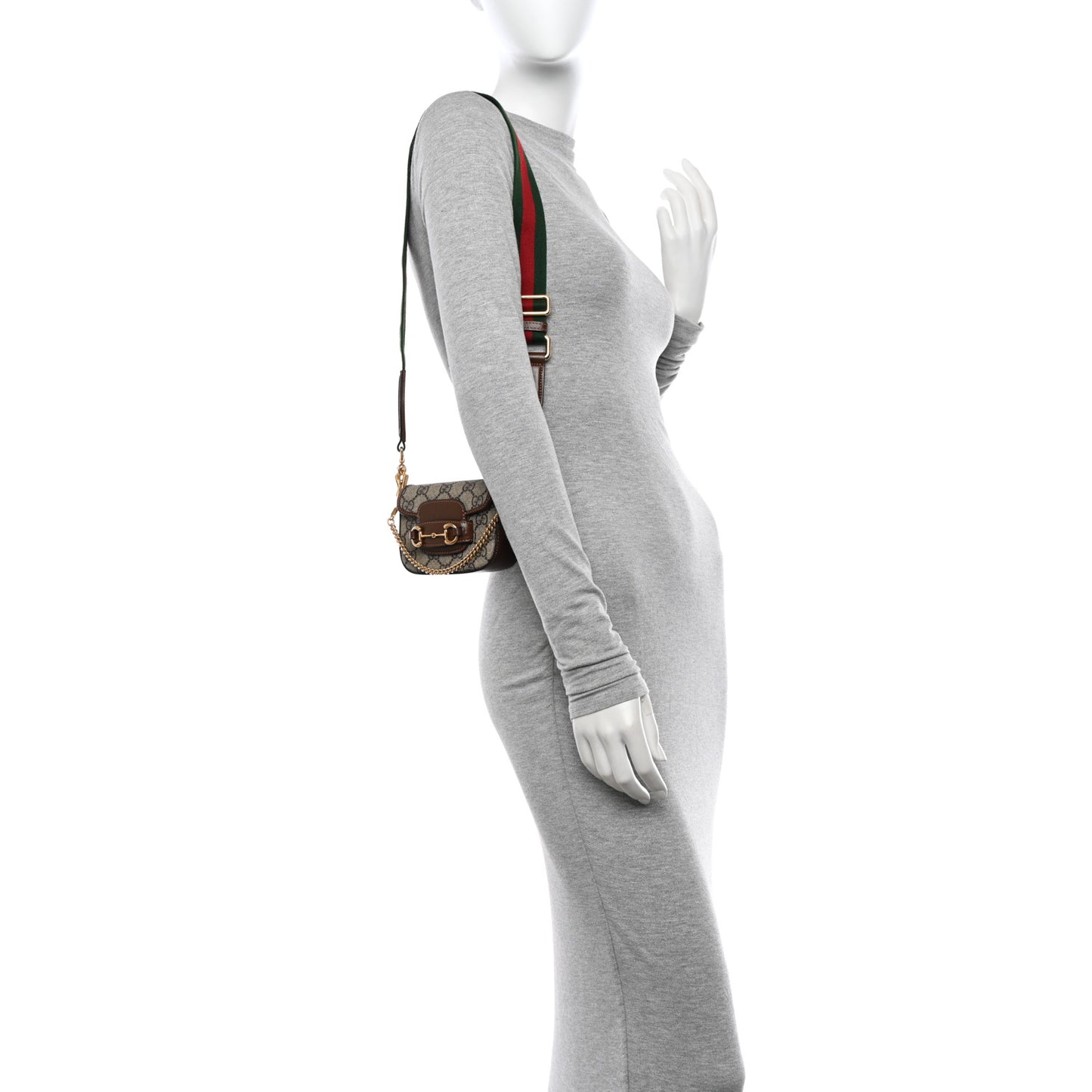 GG Supreme Monogram Azalea Calfskin Web Horsebit 1955 Wallet On Strap Beige Ebony Brown Sugar