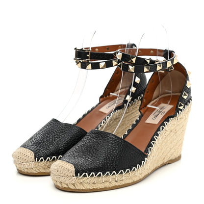 Valentino Garavani Grained Calfskin Rockstud Ankle Wrap Espadrille 15/85mm Wedges 35 Black Light Cuir 3 of 8