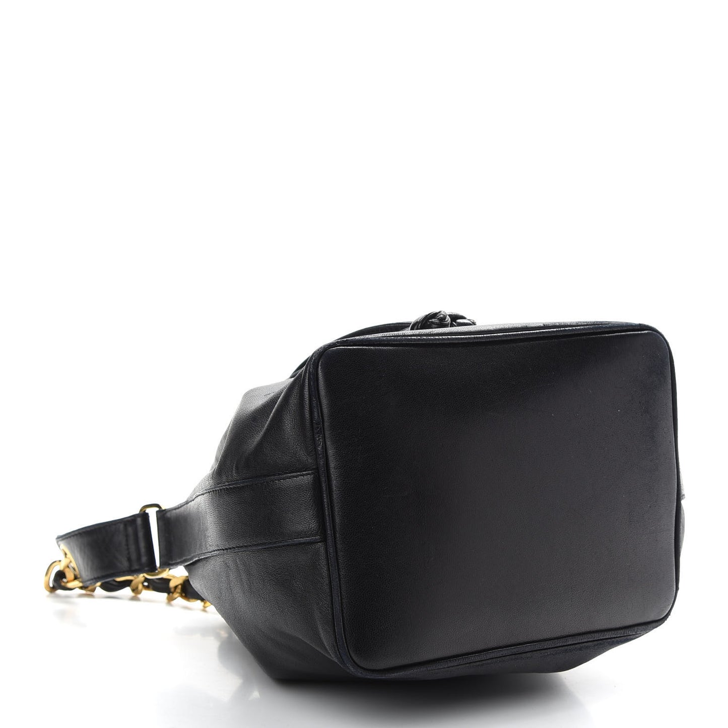 Lambskin CC Stitched Drawstring Bucket Bag Black