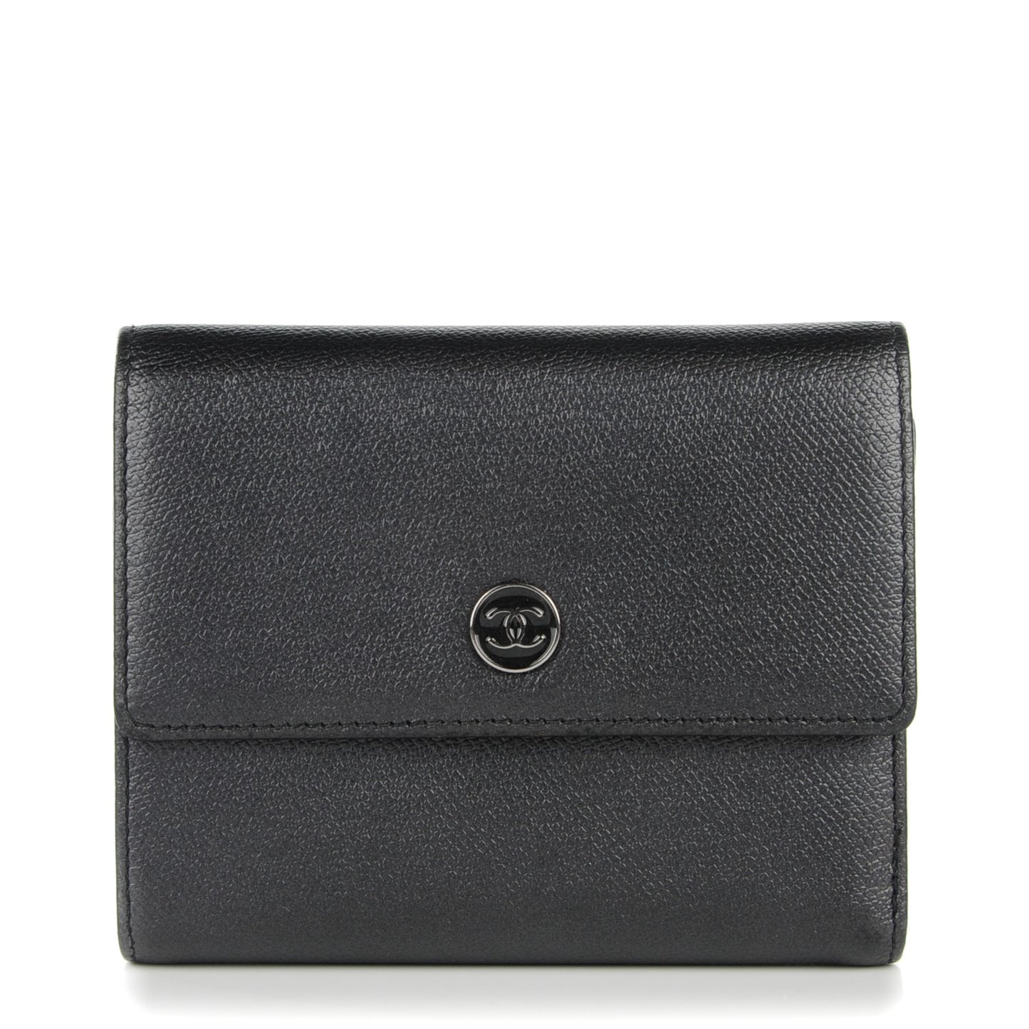 Grained Calfskin CC Button Flap Wallet Black