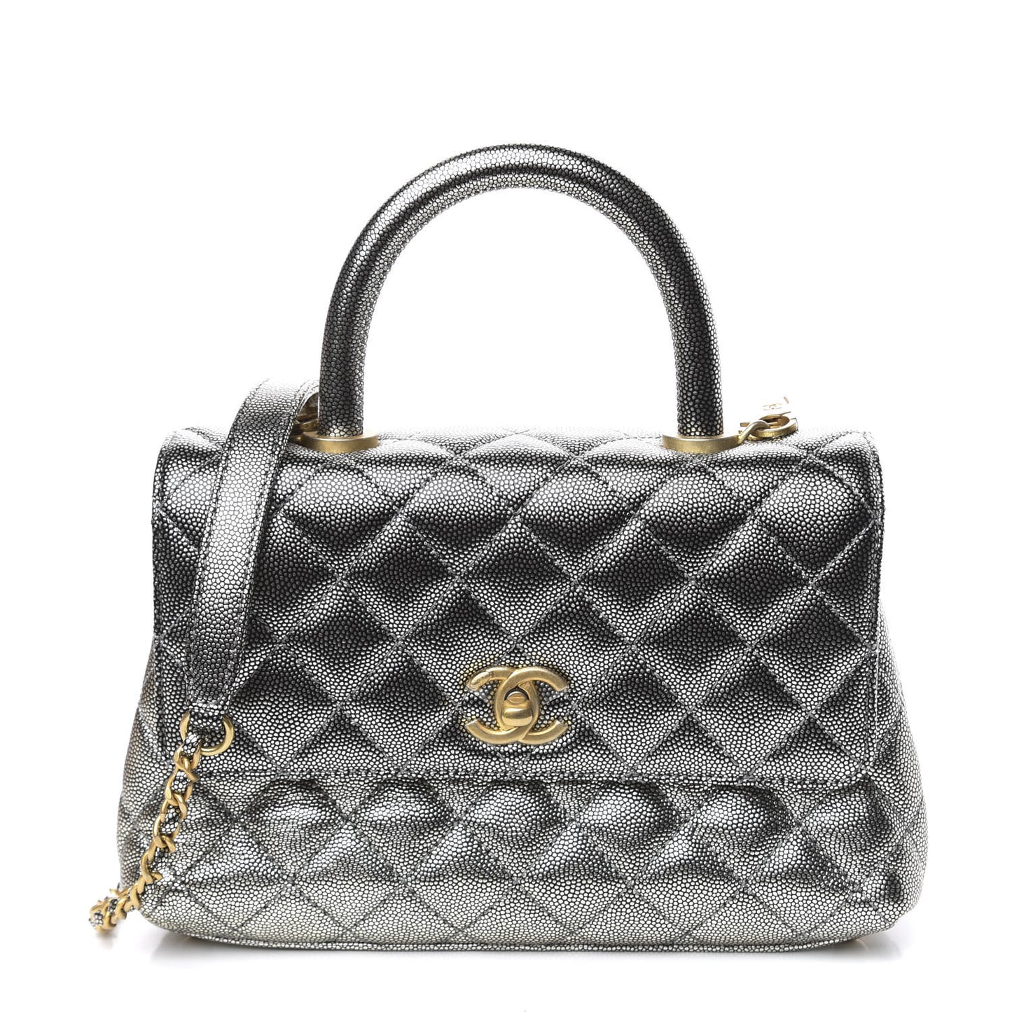 Metallic Caviar Quilted Mini Coco Handle Flap Silver