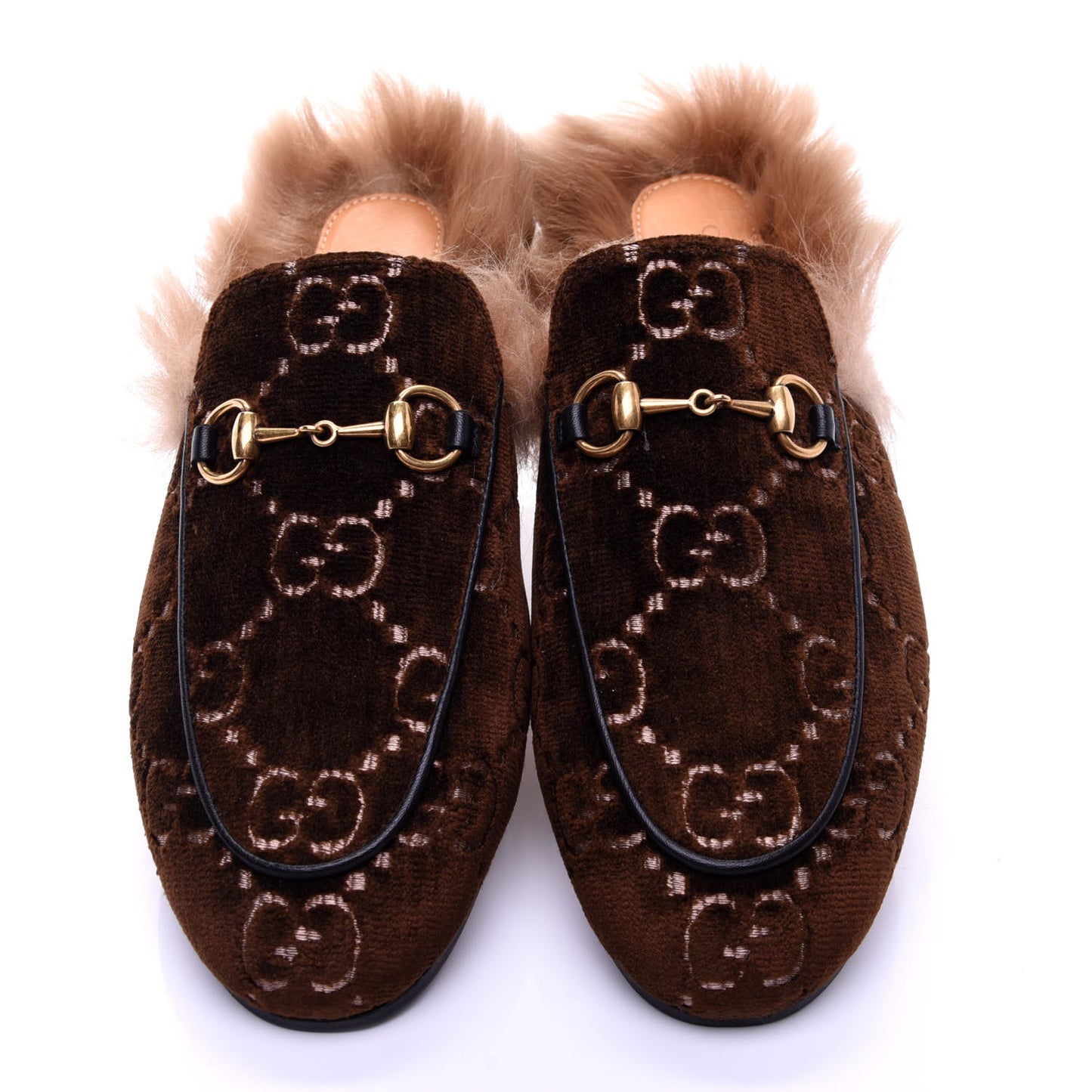 Velvet GG Monogram Fur Womens Princetown Slippers 37.5 Brown Black Natural