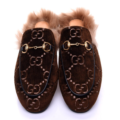 Gucci Velvet GG Monogram Fur Womens Princetown Slippers 37.5 Brown Black Natural 14 of 20