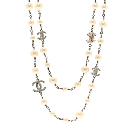 Chanel Crystal Pearl CC Long Necklace Silver 1 of 5