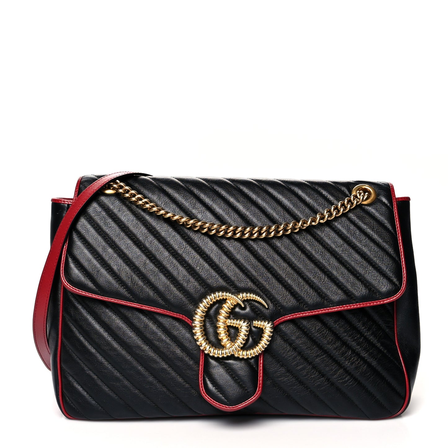 Vintage Effect Calfskin Matelasse Diagonal Large Torchon GG Marmont Shoulder Bag Black Romantic Cherry
