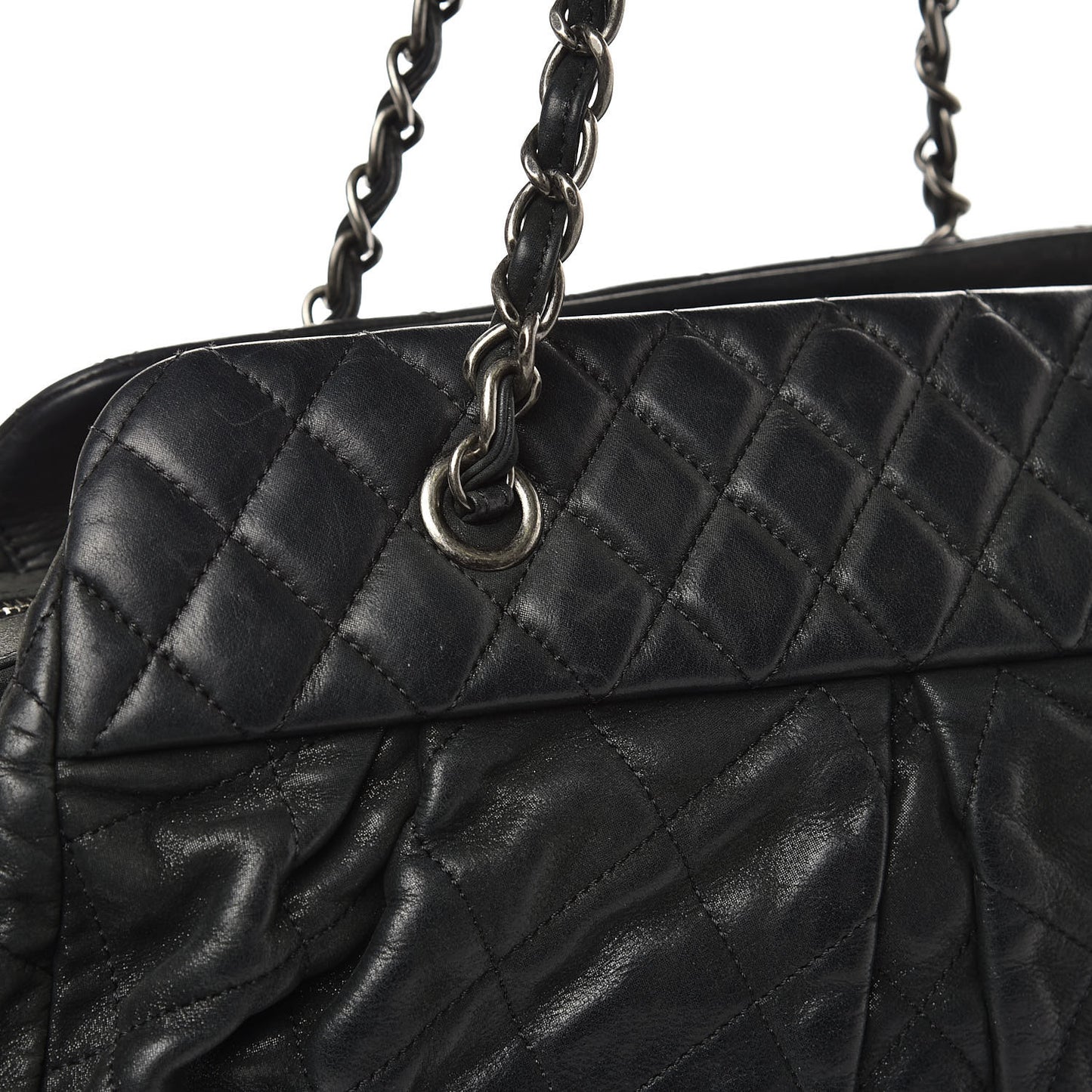 Iridescent Calfskin Chic Quilt Bowling Bag Black
