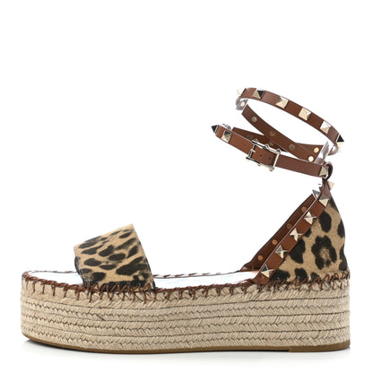 Valentino Garavani Canvas Leopard Print Rockstud Ankle Wrap Espadrille Flatform Sandals 39 Brown 1 of 8