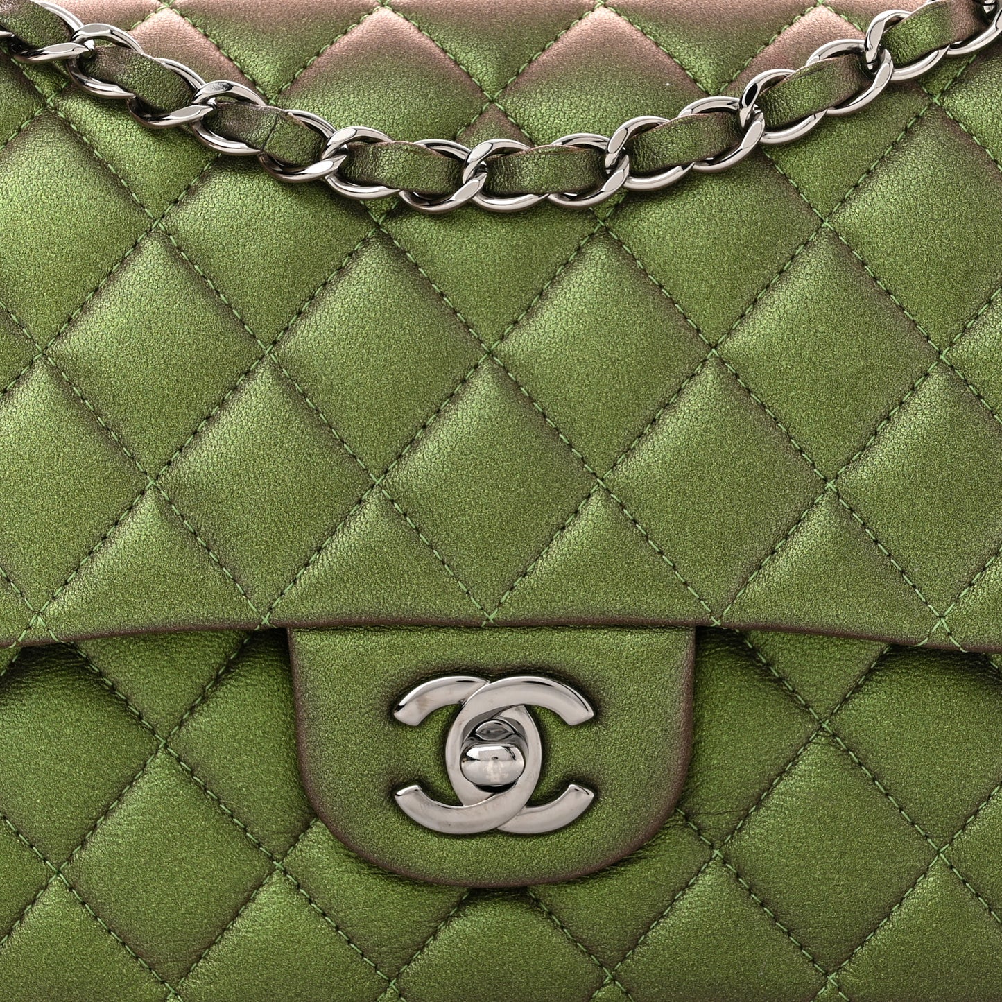 Iridescent Lambskin Quilted Medium Double Flap Green