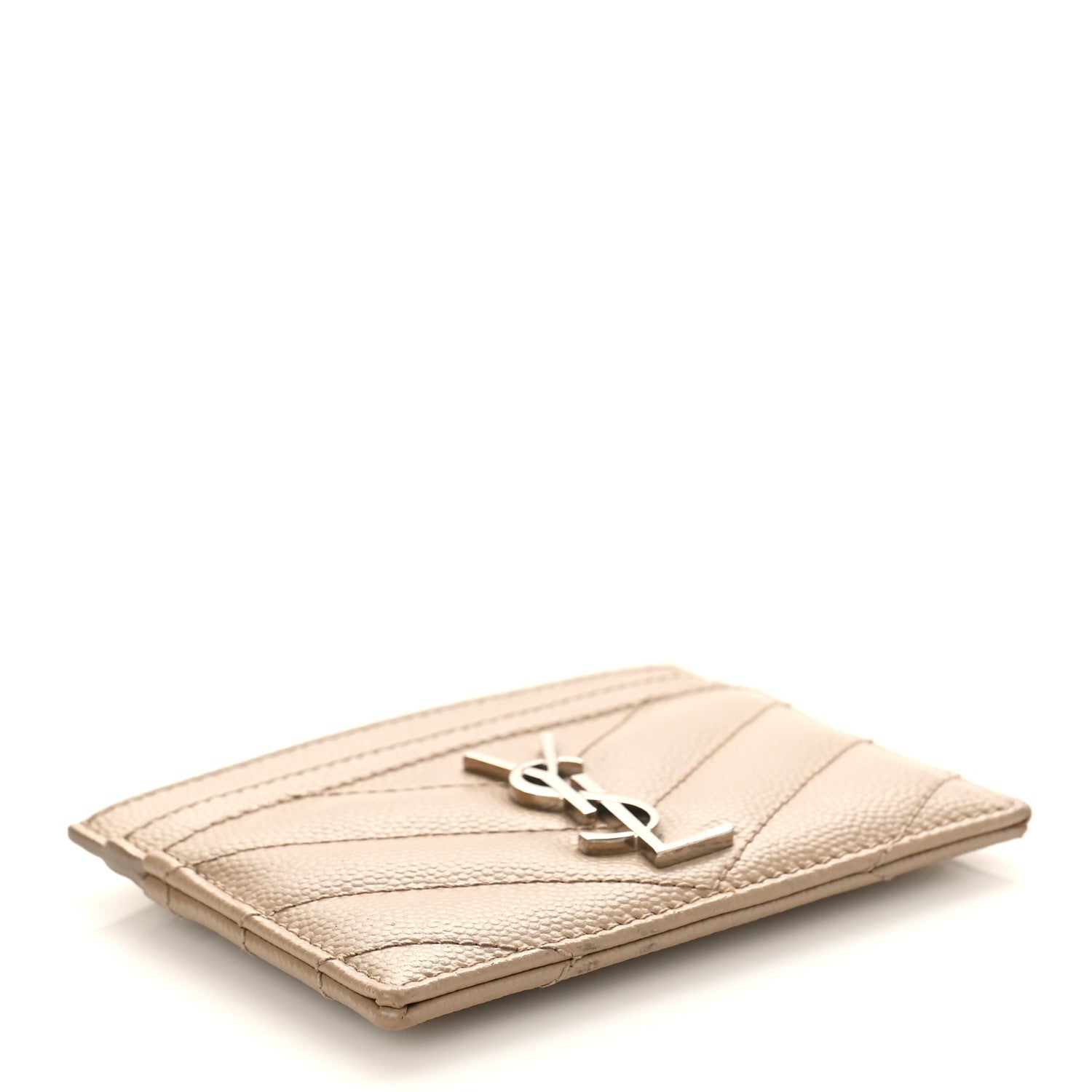 Saint Laurent Grain De Poudre Matelasse Chevron Monogram Credit Card Case Dark Beige 4 of 8