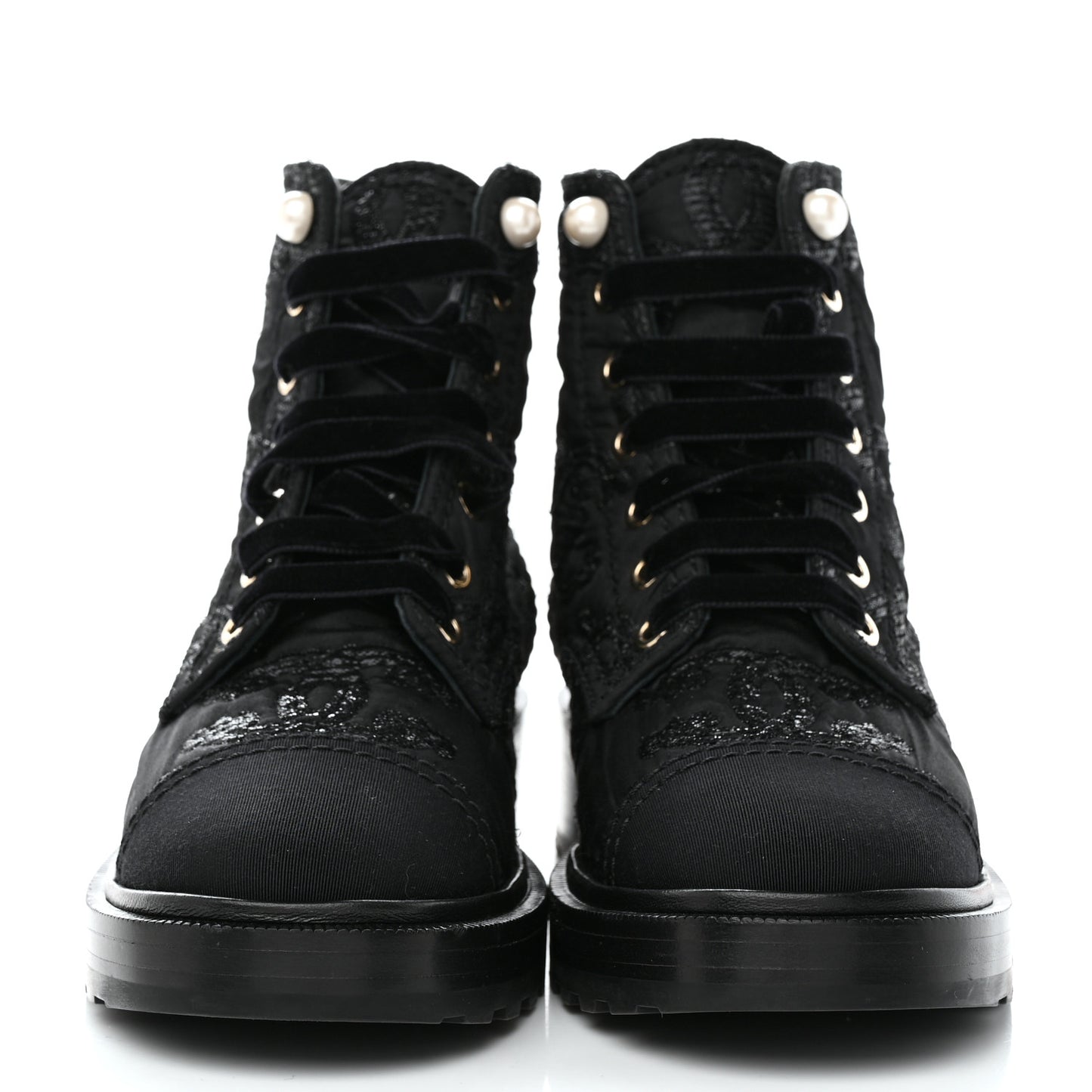 Tweed Grosgrain CC Combat Short Boots 38.5 Black