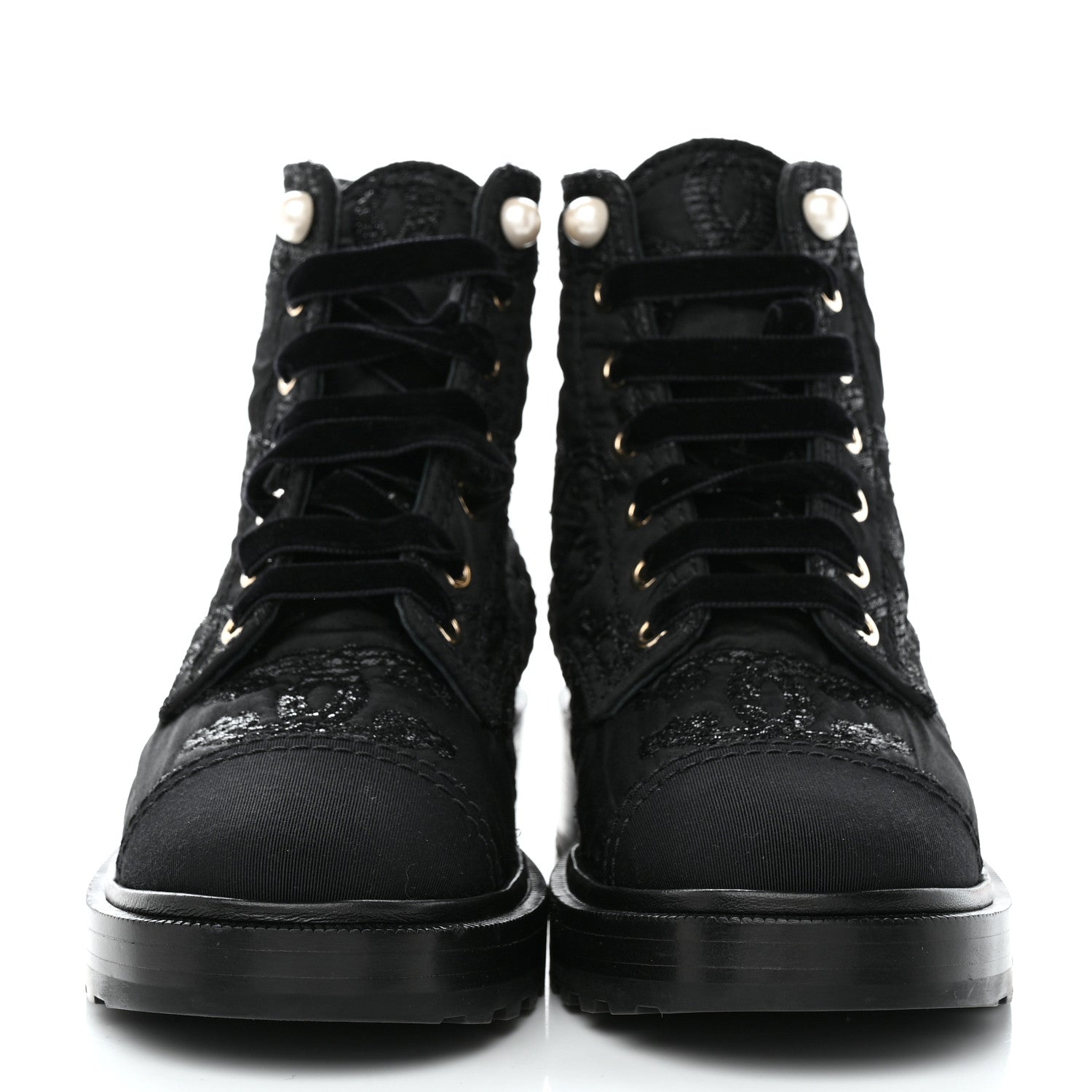 Chanel Tweed Grosgrain CC Combat Short Boots 38.5 Black 2 of 8