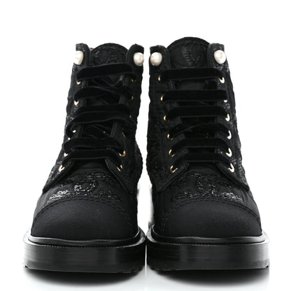 Chanel Tweed Grosgrain CC Combat Short Boots 38.5 Black 2 of 8