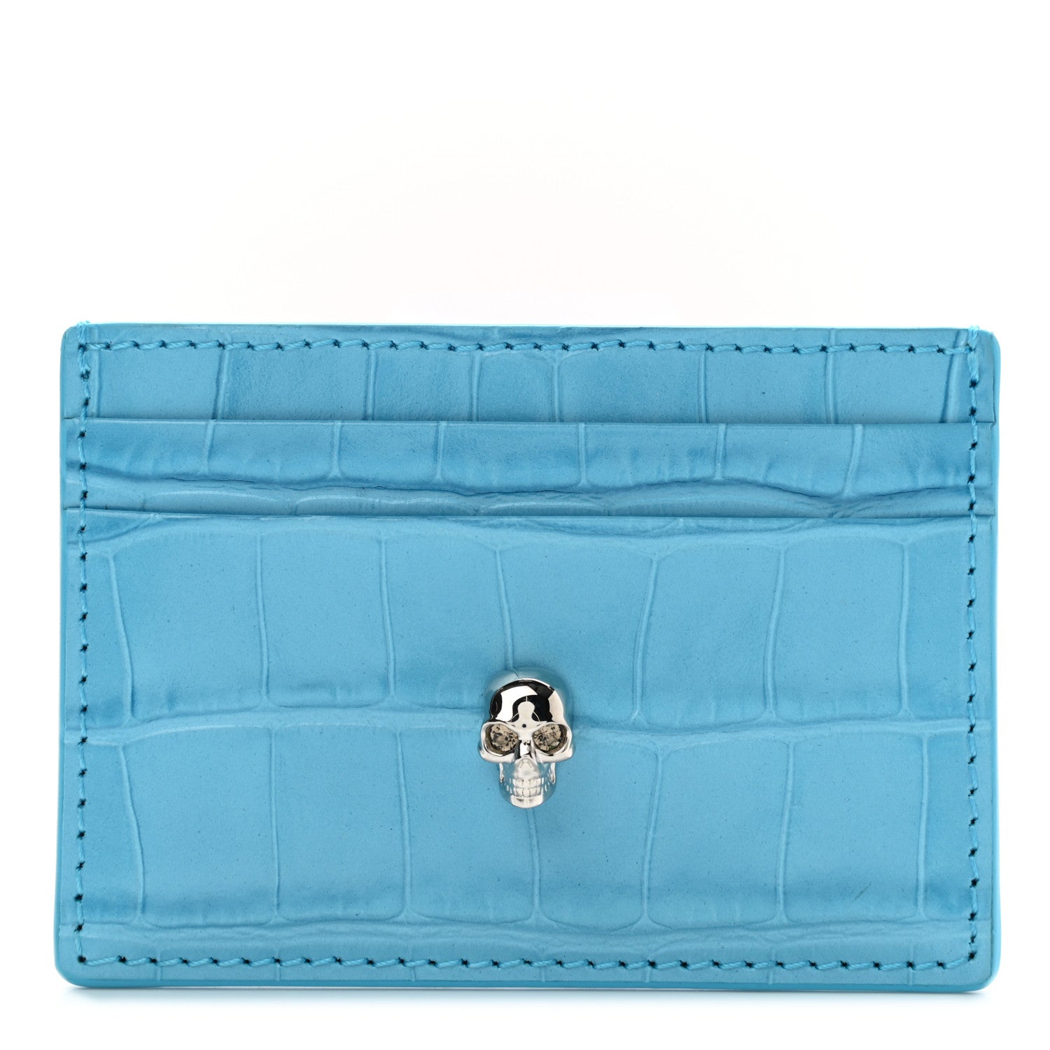 Alexander McQueen Calfskin Crocodile Embossed Skull Card Holder Cerulean 1 of 7