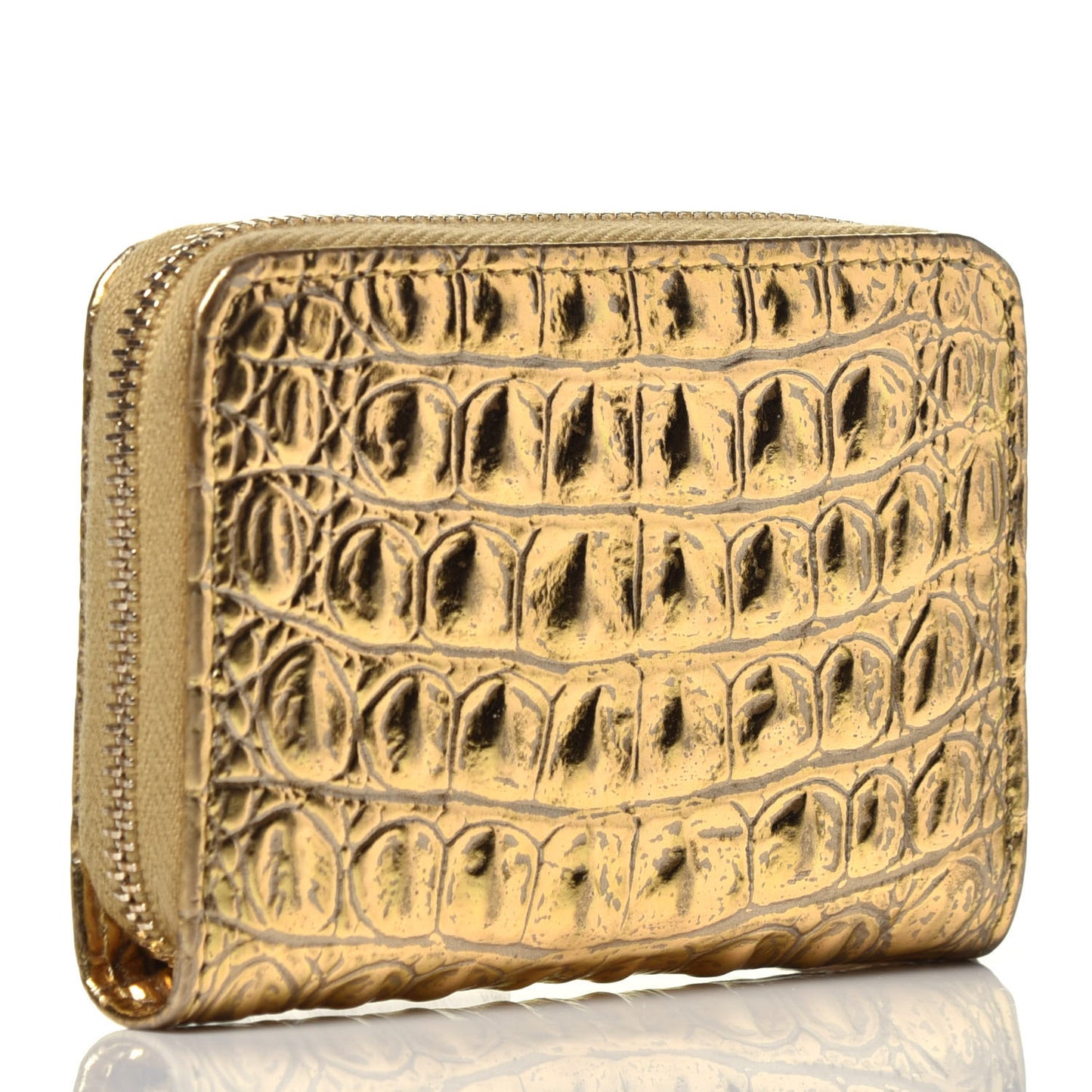 Metallic Calfskin Crocodile Embossed Cocodile Zip Coin Case Gold