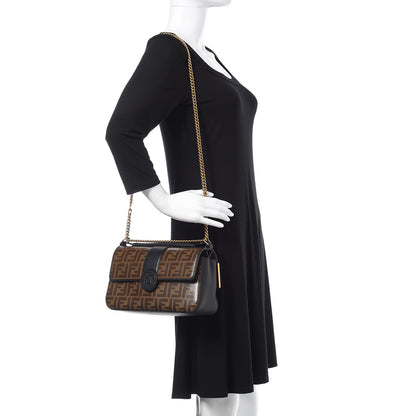 Fendi Vitello Grace Glazed Fabric FF 1974 Double F Shoulder Bag Black Mogano Panna 2 of 10