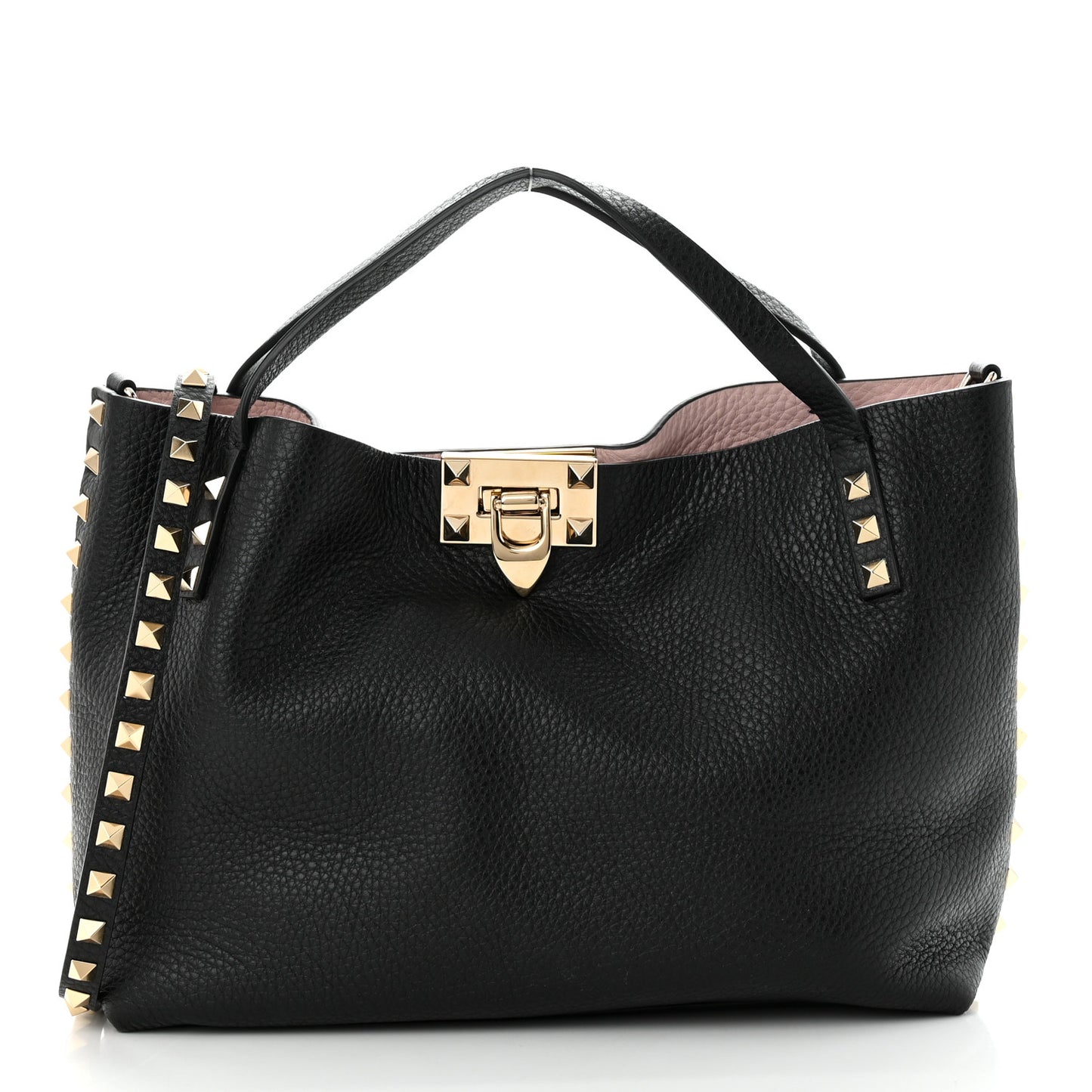 Grained Calfskin Small Rockstud Flip Lock Tote Black Rose Quartz