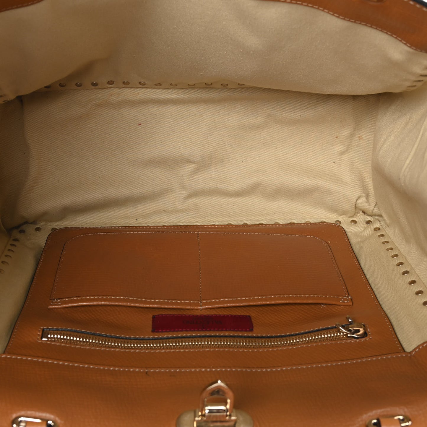 Textured Calfskin Medium Rockstud Tote Camel