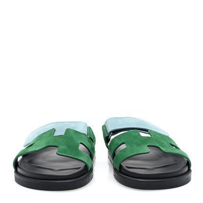 Hermes Suede Goatskin Womens Chypre Sandals 37.5 Vert Cactus Vert d'Eau 2 of 8