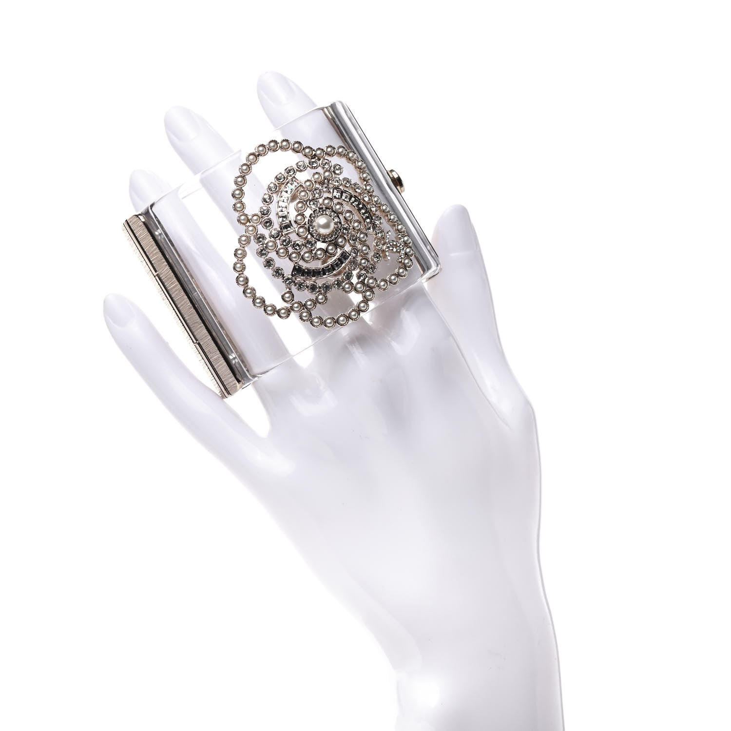 Chanel Lucite Pearl Crystal Lace Camellia CC Cuff Light Gold 2 of 5
