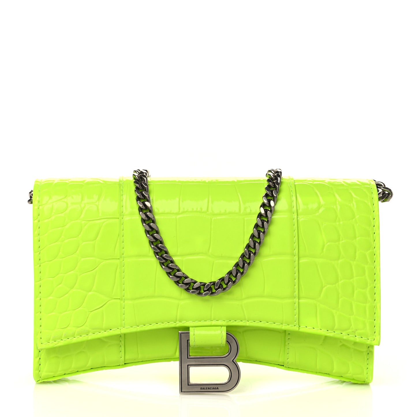 Shiny Calfskin Crocodile Embossed Hourglass Chain Bag Fluo Yellow