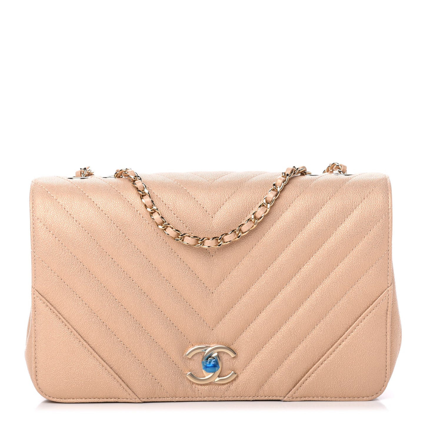 Metallic Caviar Chevron Quilted Medium Statement Flap Beige