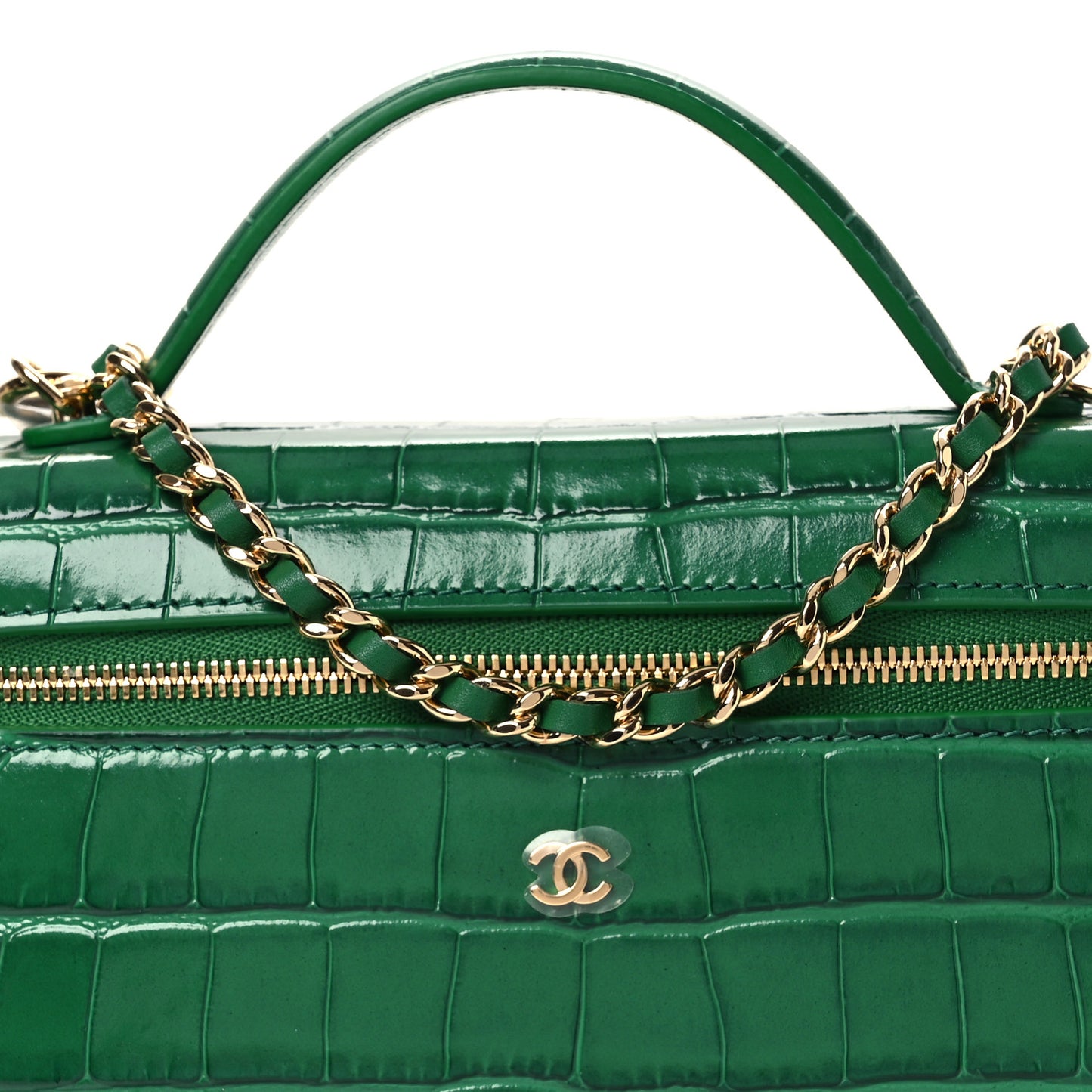 Calfskin Crocodile Embossed Crococo Top Handle Slim Vanity Case With Chain Green