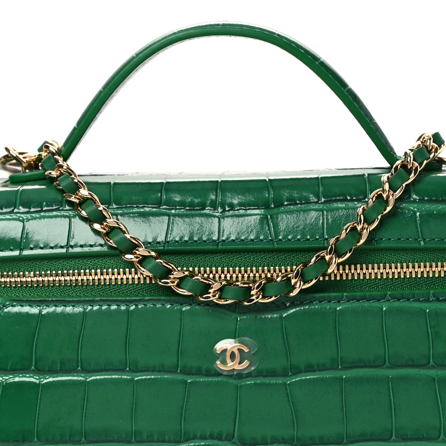 Chanel Calfskin Crocodile Embossed Crococo Top Handle Slim Vanity Case With Chain Green 8 of 13