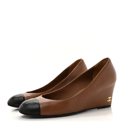 Chanel Lambskin Cap Toe Wedges 37.5 Brown Black 4 of 13